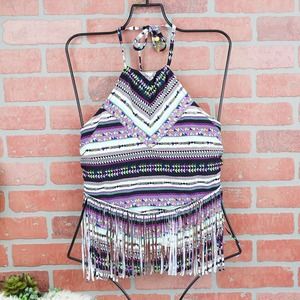 Jessica Simpson Fringe Halter Tankini Top XL NWT